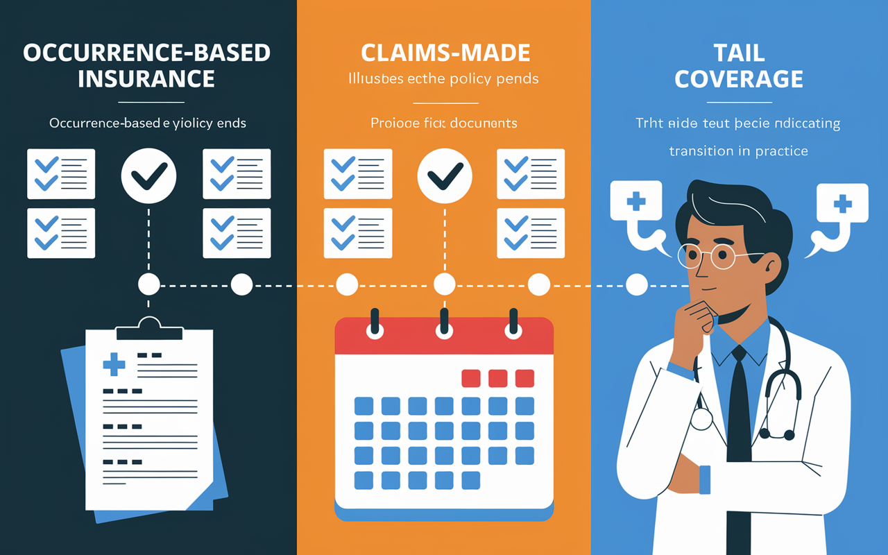 An infographic-style illustration showing the three types of malpractice insurance: Occurrence-Based, Claims-Made, and Tail Coverage. Each section is color-coded and includes visual elements like checkmarks and policy documents. The Occurrence-Based section features a timeline illustrating coverage even after the policy ends, while the Claims-Made section has a calendar indicating the active policy period. Tail Coverage displays a physician with a thoughtful expression, symbolizing transition in practice.