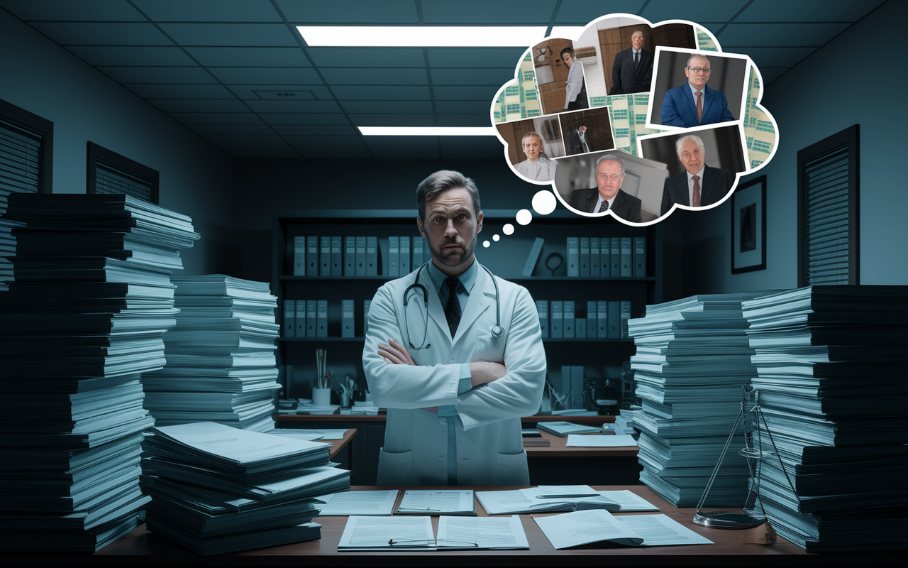 A dramatic composition showing a concerned physician standing in a cluttered office, surrounded by stacks of paperwork and legal documents related to malpractice claims. A thought bubble filled with images of courtroom scenes and dollar signs highlights the emotional and financial stress of potential lawsuits. The lighting is moody, casting shadows to emphasize the weight of the responsibility on the physician's shoulders.