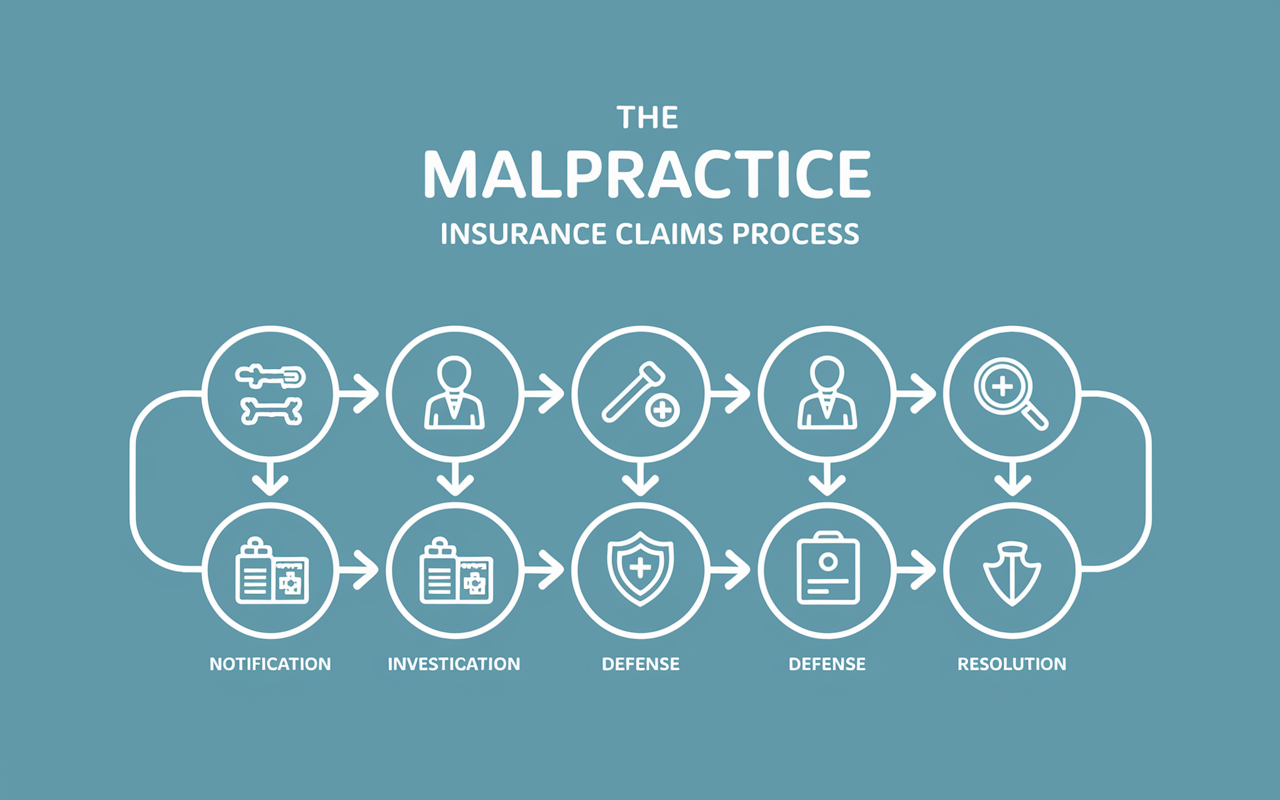 A clear and informative flowchart illustrating the steps in the malpractice insurance claims process, with icons representing each step: Notification, Investigation, Defense, and Resolution. Each step is sequentially connected with arrows, highlighting the progression from notifying the insurance company to the final resolution. The color palette is calm and professional, creating an easy-to-follow visual guide.