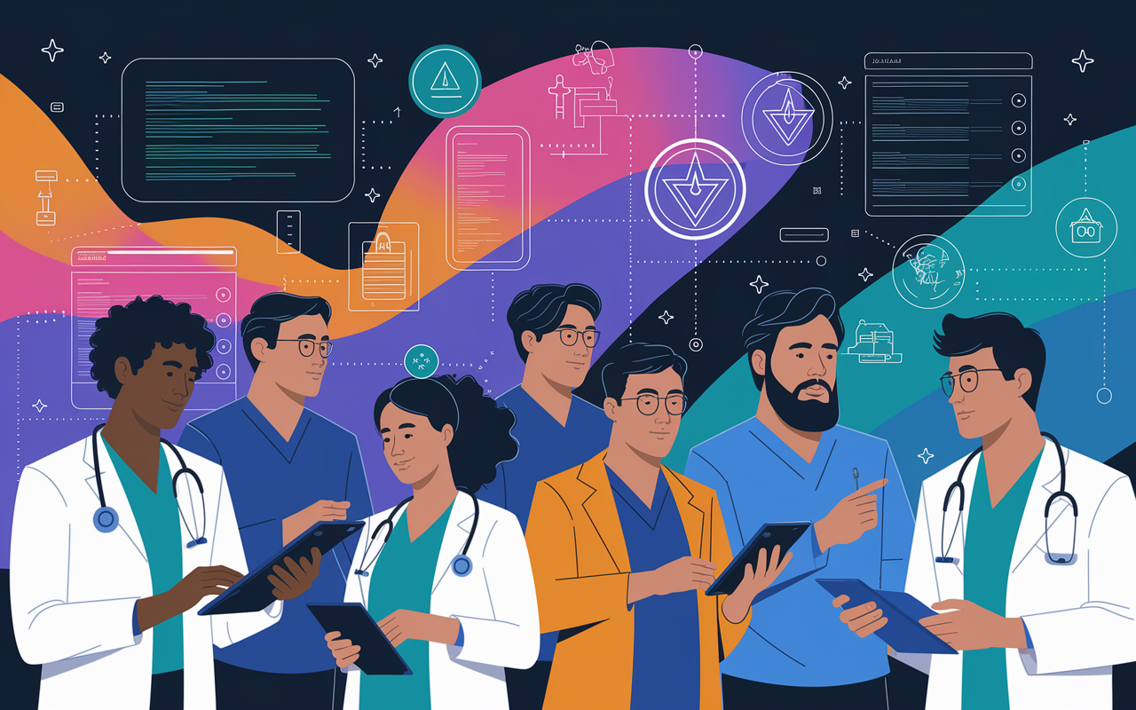 A forward-looking conceptual illustration showing a diverse group of healthcare professionals engaged in telemedicine and virtual consultations, with overlay graphics of digital safety symbols and emerging laws. The scene conveys a sense of innovation in healthcare and the evolving landscape of malpractice insurance, with vibrant colors representing the dynamic future of medicine.