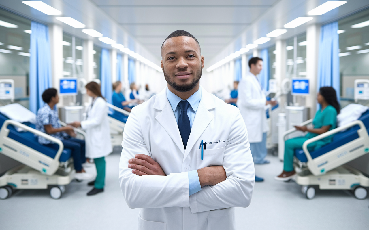 A powerful image portraying a confident physician in a white coat standing in a modern hospital environment, with patients receiving care in the background. The physician looks assured and professional, symbolizing strength and security thanks to malpractice insurance. The atmosphere is bright and hopeful, showcasing trust and safety within the healthcare system.