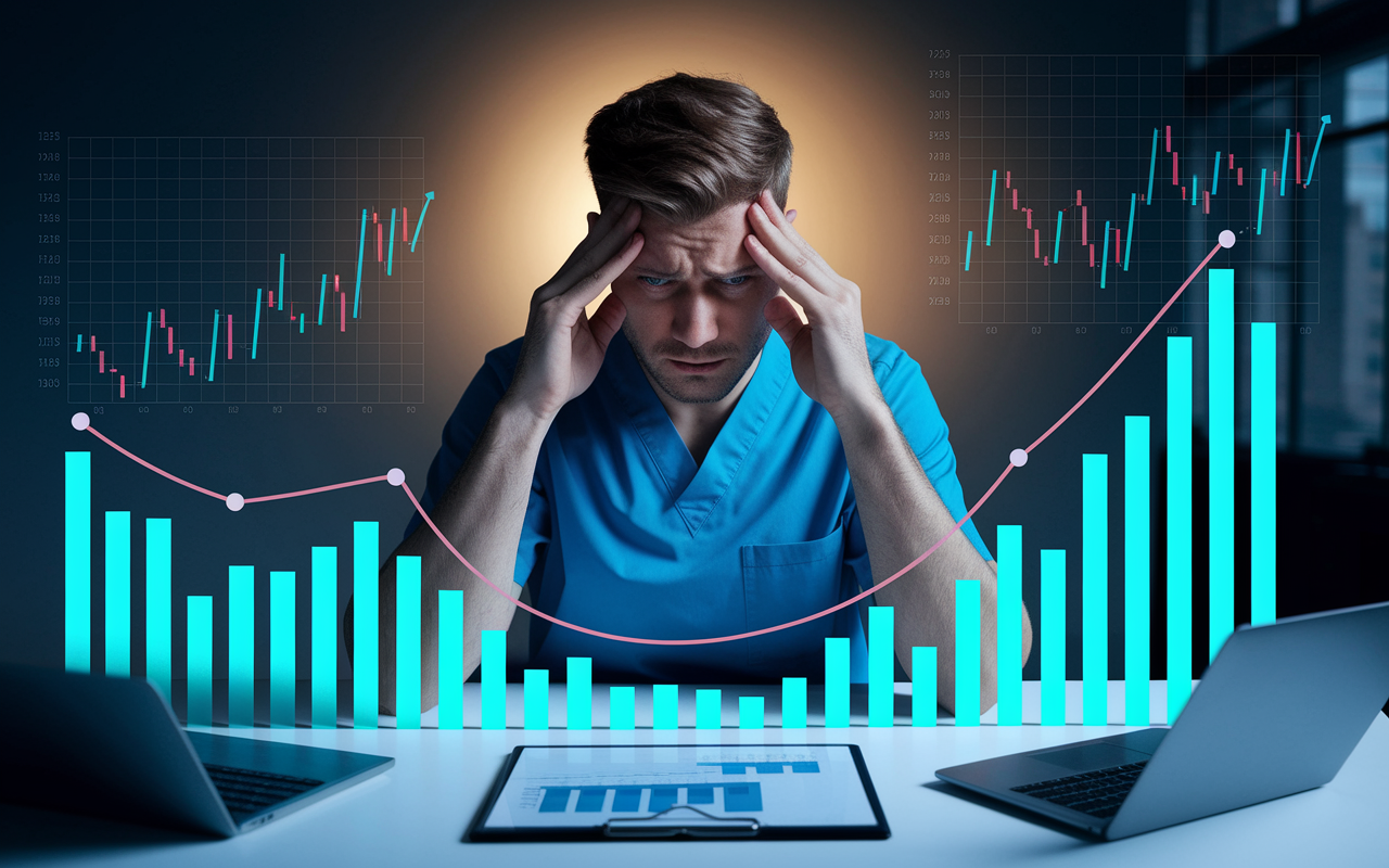 A stressed physician in scrubs sits at a desk surrounded by rising bar graphs and charts depicting the increase in malpractice insurance premiums. The atmosphere is tense, with soft overhead lighting highlighting the physician’s furrowed brow as they analyze the data, reflecting a moment of concern over escalating costs of insurance.