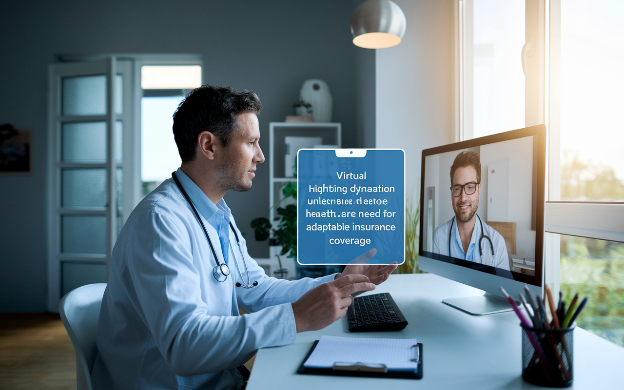 A modern home office with a physician conducting a telemedicine consultation via video call. The physician, appearing engaged and professional, has telehealth equipment and notes on the desk, with a large window letting in daylight. A virtual screen displays a patient, highlighting the changing dynamics in healthcare and the need for adaptable insurance coverage.