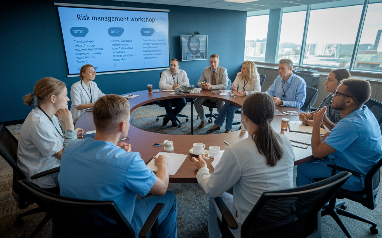 A group of healthcare professionals attend a risk management workshop in a well-lit conference room. They sit around a circular table, engaging in discussions with a presentation on a screen displaying key strategies for risk mitigation. The atmosphere is collaborative, with focus and seriousness pervading the dynamic of the meeting.