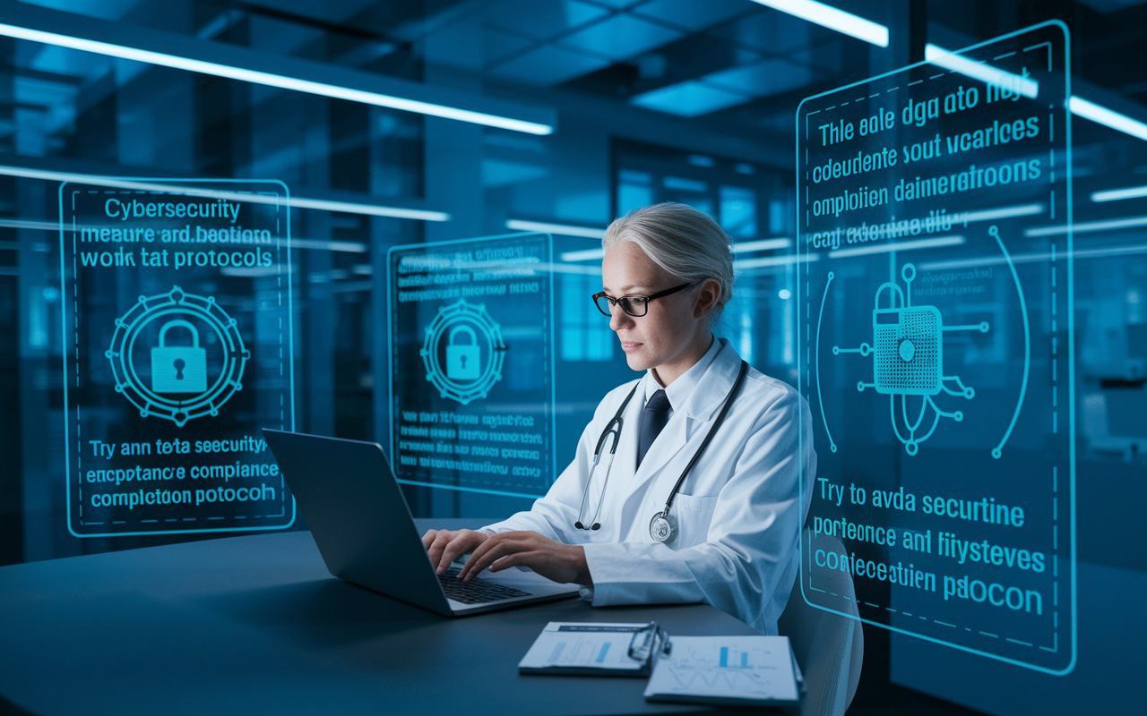 A healthcare professional working on a laptop in a modern clinic, surrounded by digital screens displaying cybersecurity measures and data protection protocols. The setting is high-tech, with an air of urgency as the physician reviews compliance documents under bright, focused lighting, emphasizing the importance of data security.