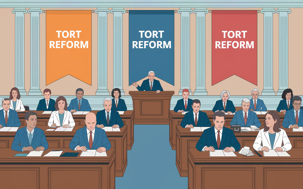 An illustration of a legislative session in progress, showcasing lawmakers debating over malpractice insurance reforms. The room is filled with seriousness and determination, with banners about tort reform hanging in the background, symbolizing the impact of laws on healthcare practices.