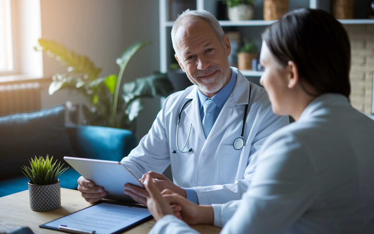 A calm, confident physician reviewing an insurance contract on a tablet, discussing benefits with an insurance agent in a cozy office. The atmosphere is reassuring, with soft light and professional decor suggesting a long-term partnership, emphasizing the trend towards multi-year insurance policies.