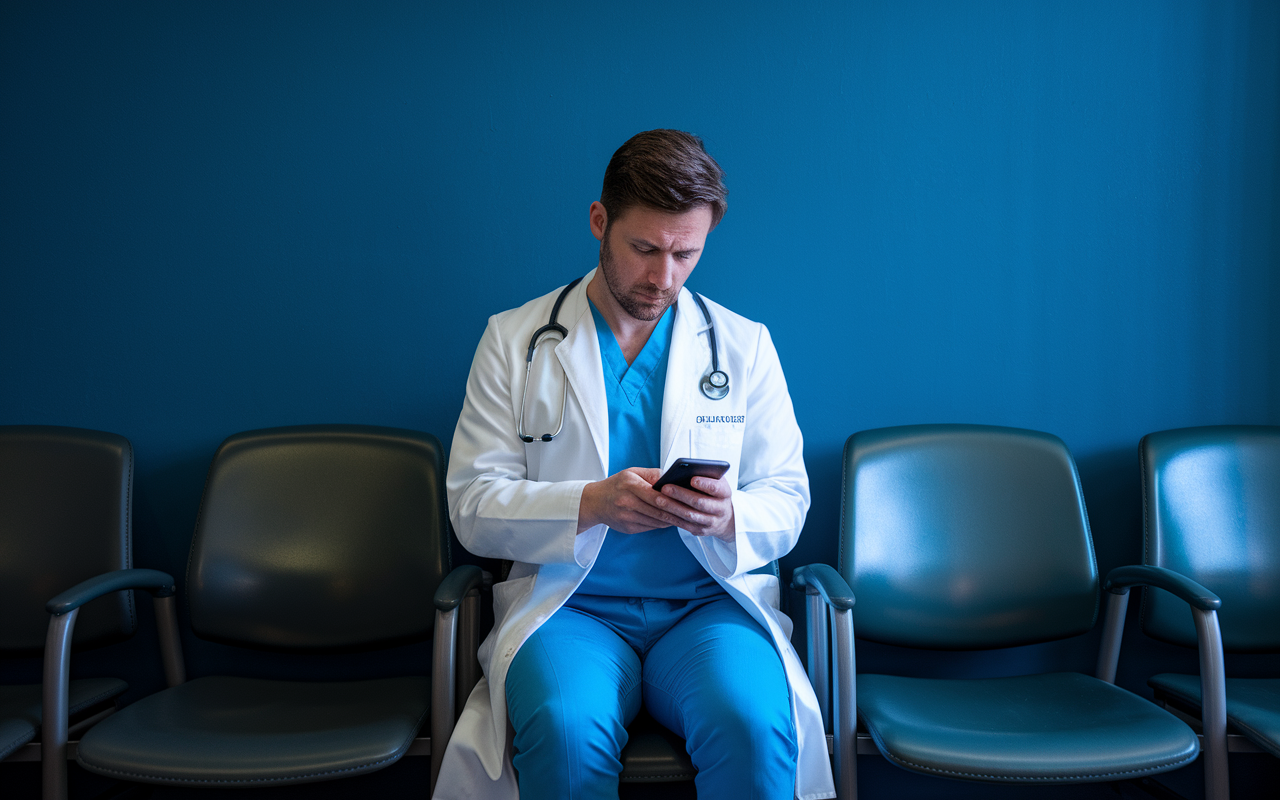 A physician scrolling through social media on their phone while sitting in a waiting room, concerned about potential patient reviews. The lighting is dynamic, capturing both the quiet tension of the situation and the ever-present digital landscape influencing modern healthcare interactions.