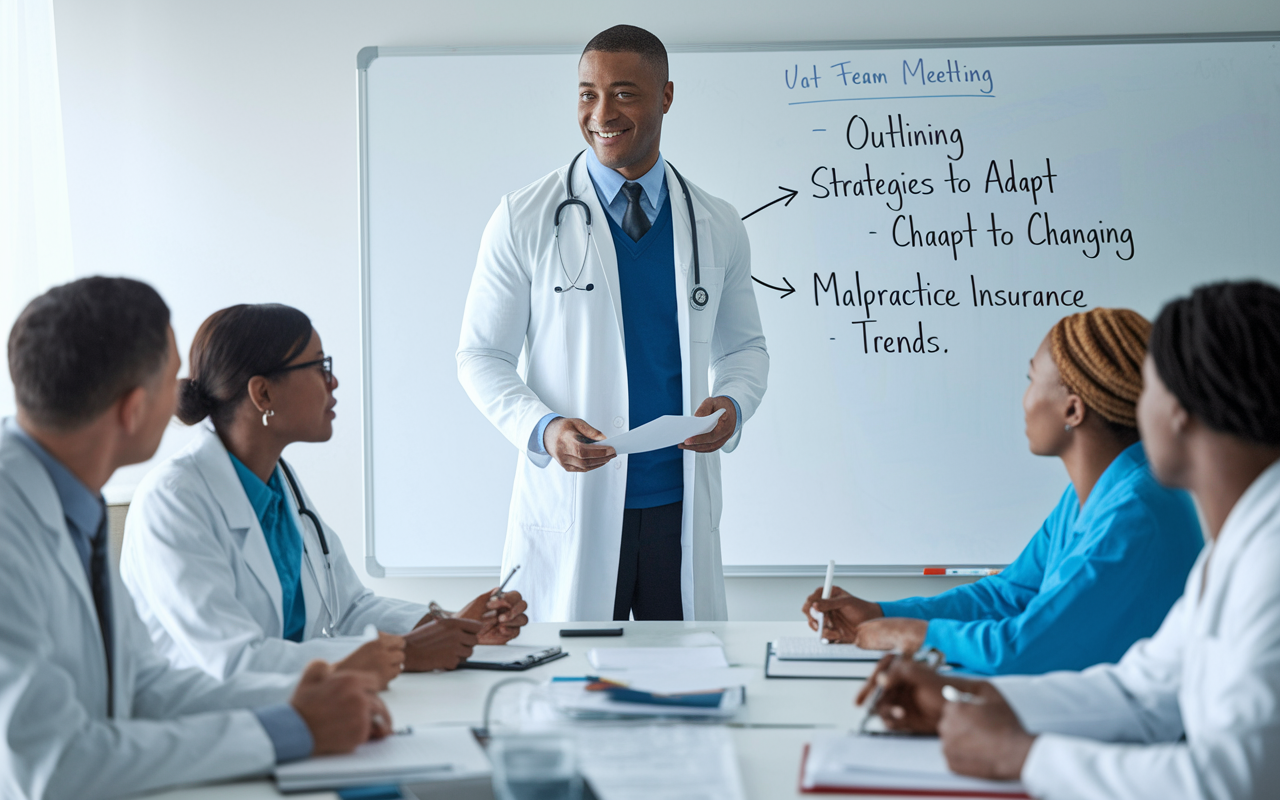 A physician standing confidently in front of a whiteboard in a team meeting, outlining strategies to adapt to changing malpractice insurance trends. The room is bright and organized, with team members engaged and taking notes, highlighting collaboration and proactive planning in a professional setting.