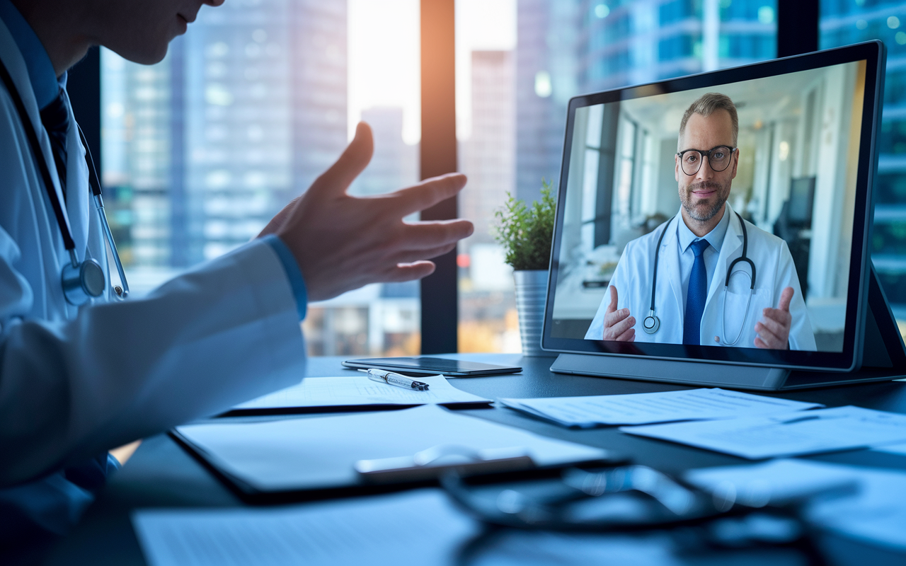 A close-up scene depicting a doctor conducting a telemedicine consultation. The doctor is seated in a modern office, speaking to a patient via a video call displayed on a large screen. Papers and medical tools are scattered across the desk, while a window shows a bustling city outside, symbolizing the blend of technology and traditional healthcare. Soft, ambient lighting creates a professional yet inviting atmosphere.