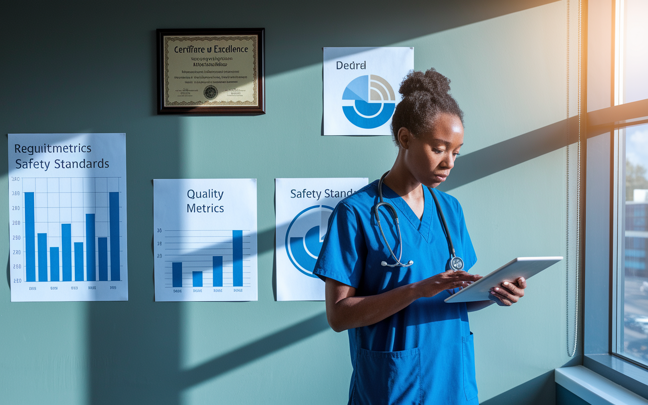 An image of a healthcare provider in a modern office, reviewing documents related to regulatory compliance while using a tablet. On the walls are charts illustrating quality metrics and safety standards. The mood is serious yet professional as natural light streams in from a window. A certificate of excellence hangs prominently, enhancing the sense of compliance and commitment to quality care.