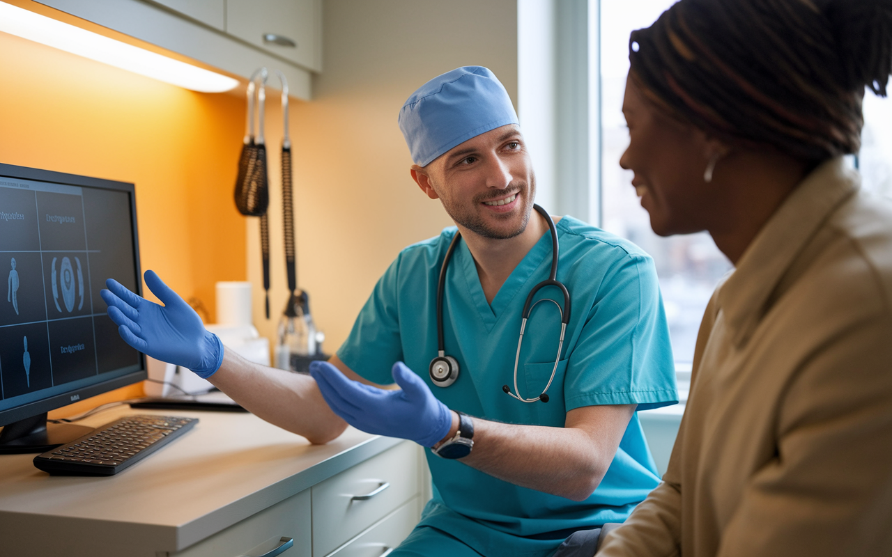 A healthcare provider attentively interacting with a patient in a well-lit examination room. The provider is explaining treatment options using a digital screen, emphasizing transparency and education. The patient appears engaged and interested, showcasing a moment of collaboration and trust. The room is modern with medical tools easily accessible and warm colors enhancing the welcoming environment.