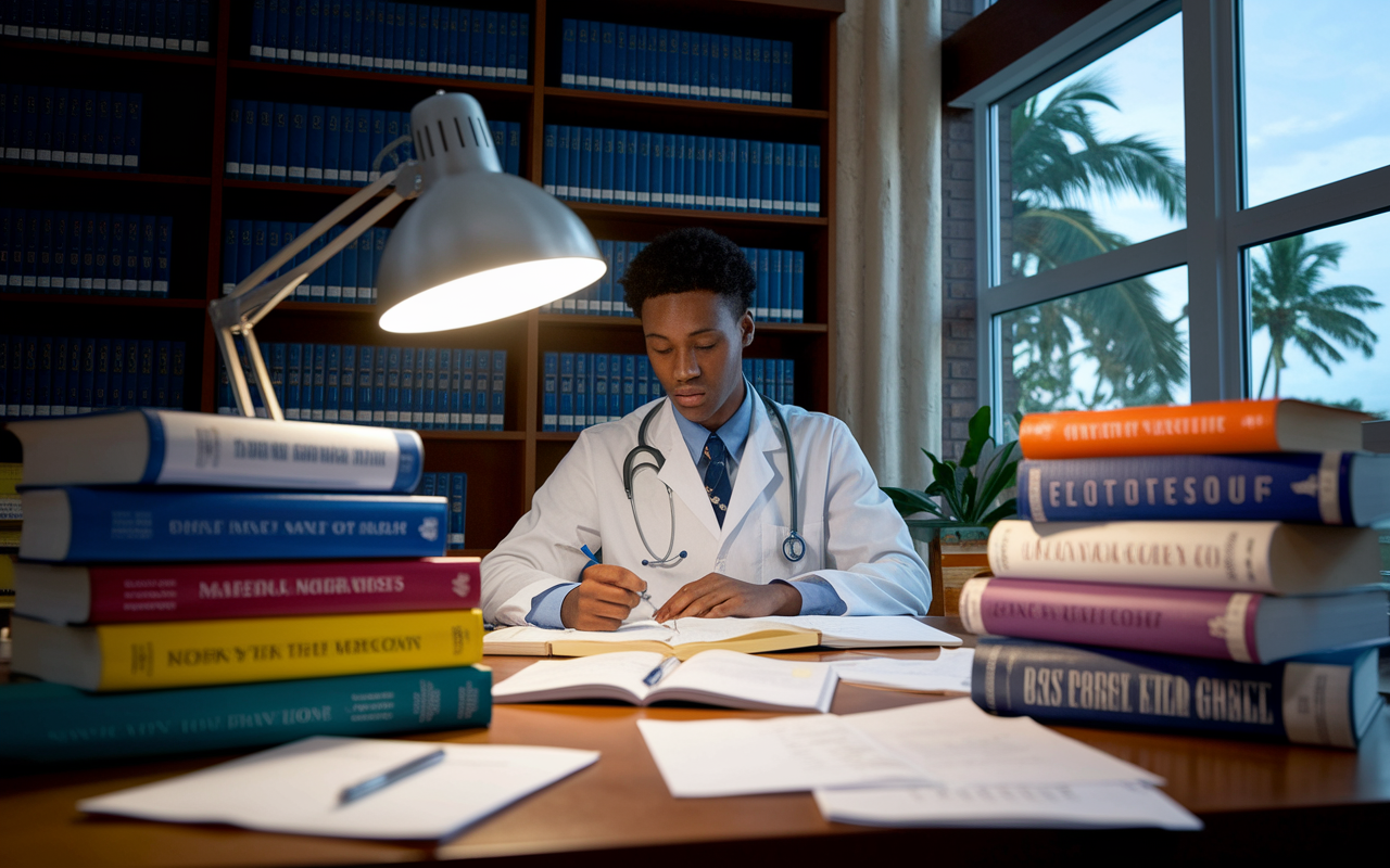 An international medical student in a library at a Caribbean medical school, surrounded by stacks of medical textbooks and notes scattered on the table. The student, focused and diligent, is studying under warm lighting from a desk lamp, with a tropical view of palm trees through a window nearby. Books and study materials reflect diverse subjects, emphasizing the intensity of the curriculum. The atmosphere conveys dedication and hard work in achieving medical knowledge.