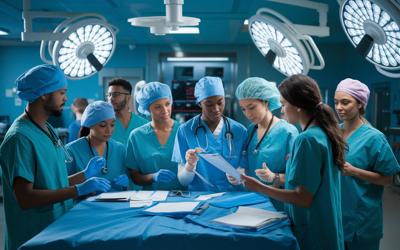 A diverse group of medical students engaged in clinical rotations within a busy U.S. hospital. They are seen interacting with patients, examining medical charts, and collaborating with healthcare staff in a vibrant, fast-paced environment. Bright surgical lights illuminate the scene, emphasizing the urgency and importance of their work. The atmosphere is dynamic, showing students gaining hands-on experience and building relationships within the healthcare community.