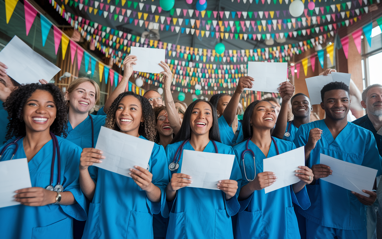 A vibrant scene of excited medical graduates on Match Day at a Caribbean medical school, holding their acceptance letters with beaming smiles and celebrating together. Colorful decorations and balloons adorn the venue, conveying joy and accomplishment. Friends and family surround them, sharing in the moment of success and anticipation for their future medical careers. The atmosphere is electric with elation and community spirit.