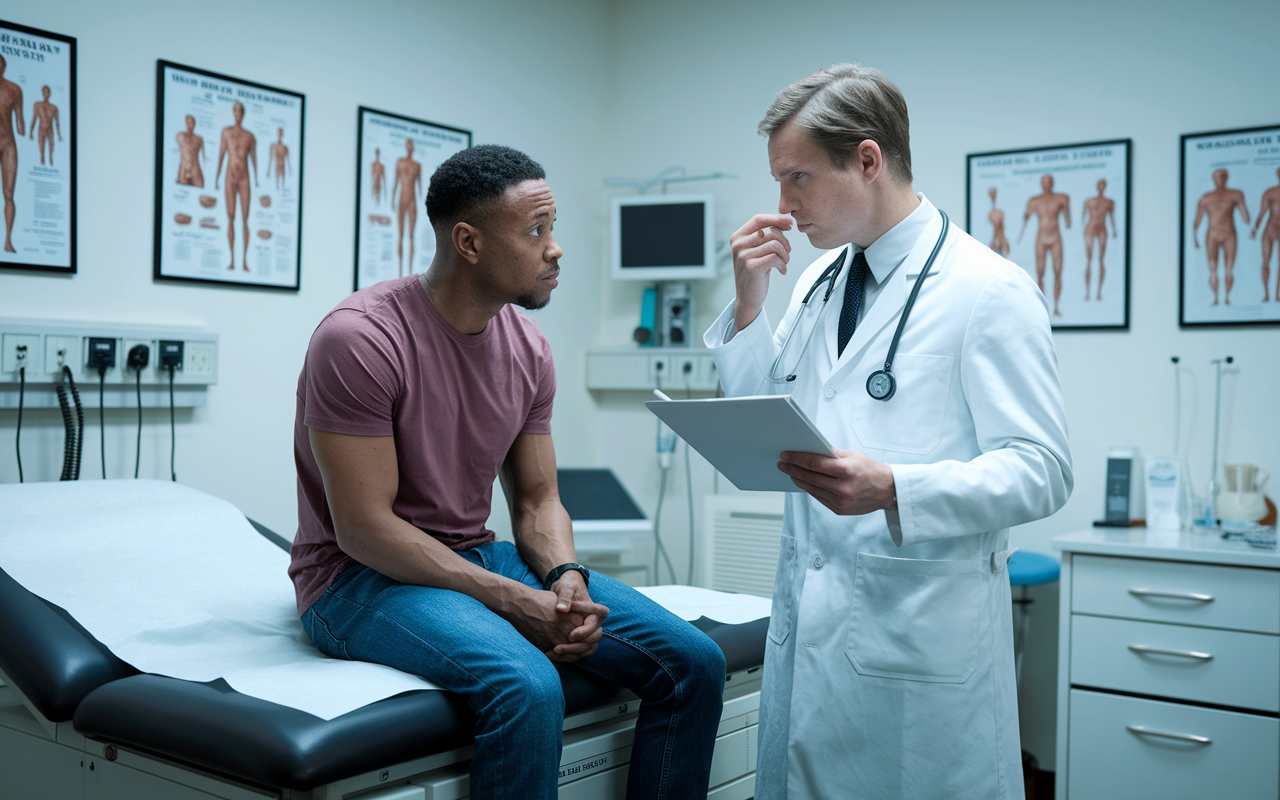 A worried patient sitting on an examination table, looking concerned while a physician, in a white coat, holds a patient file with a perplexed expression. The room is brightly lit, filled with medical charts and equipment, highlighting the tension and seriousness of misdiagnosis. The walls are adorned with medical posters, creating a typical clinical atmosphere.