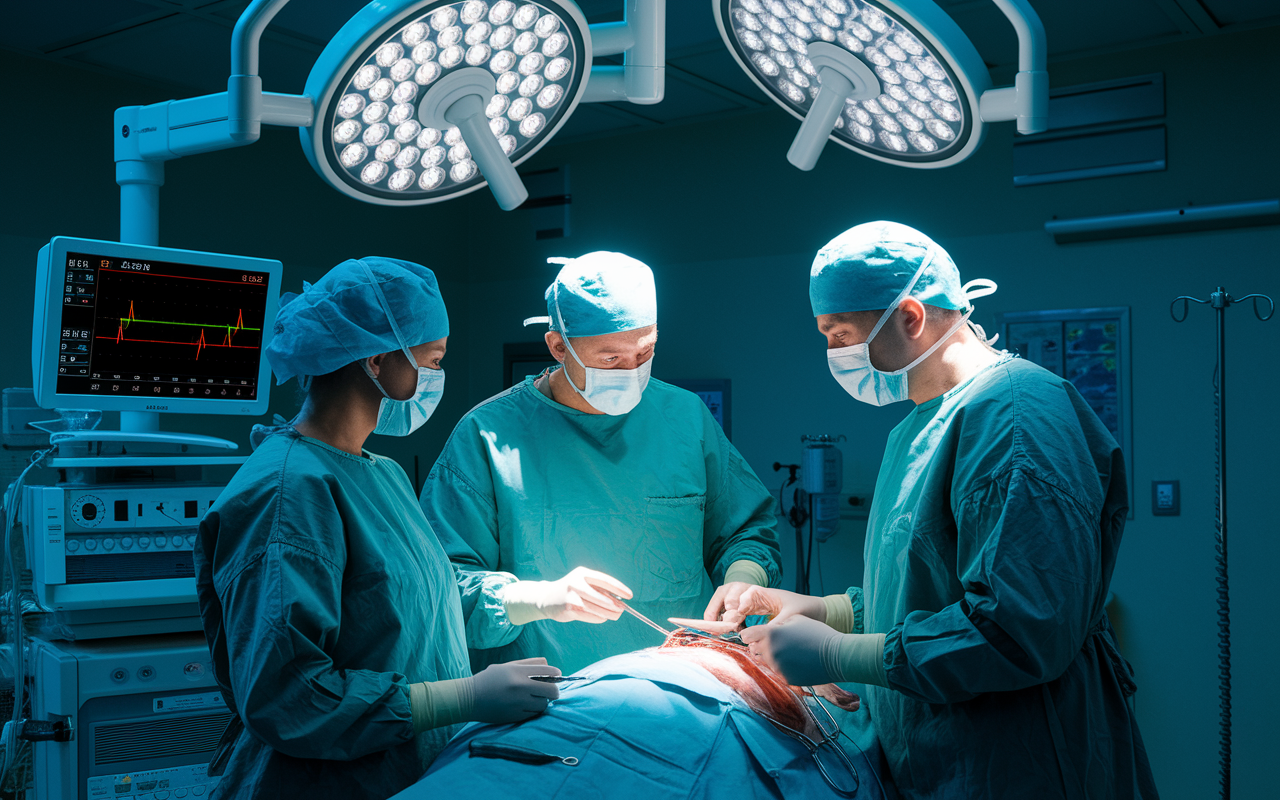 A surgical team in a bright operating room, with one surgeon looking alarmed as a nurse holds a surgical instrument. The sterile environment is intense with bright overhead lights and monitors displaying patient vitals, capturing the gravity of a surgical error scenario. Shadows cast from the surgical lamps create a dramatic effect, emphasizing the seriousness of their work.