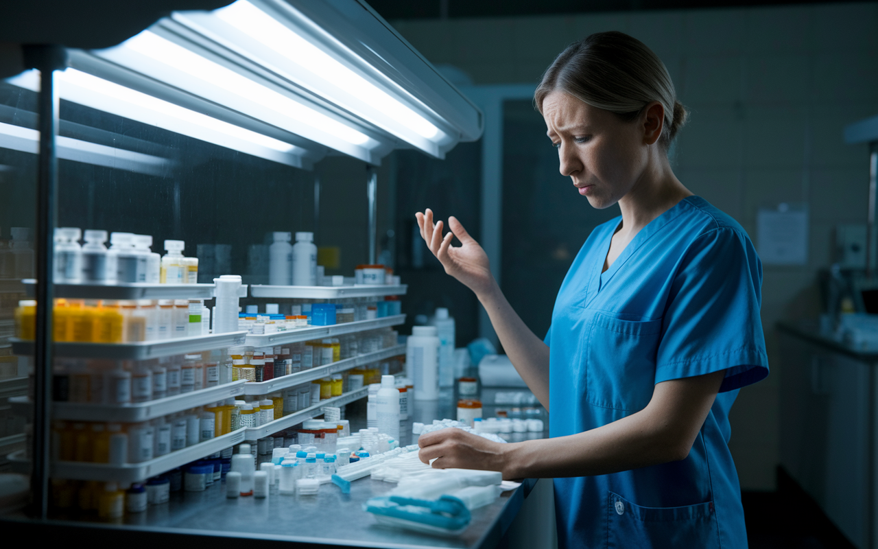 A nurse in scrubs, standing at a medication station, looking distressed as she realizes she has made a mistake with patient medication. The station is cluttered with vials, labels, and syringes under fluorescent lights, creating a sense of urgency and fear. Emphasizing the importance of accuracy and diligence in patient care.