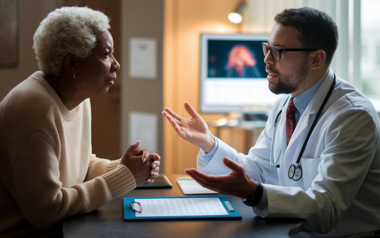 A doctor and a patient sitting across from each other in an office, with the doctor explaining the risks involved in a procedure, gesturing towards a consent form. The room is warmly lit to convey a sense of trust, and visual aids are present to help illustrate the treatment options. The patient's expression shows concern and curiosity, emphasizing the importance of clear communication.