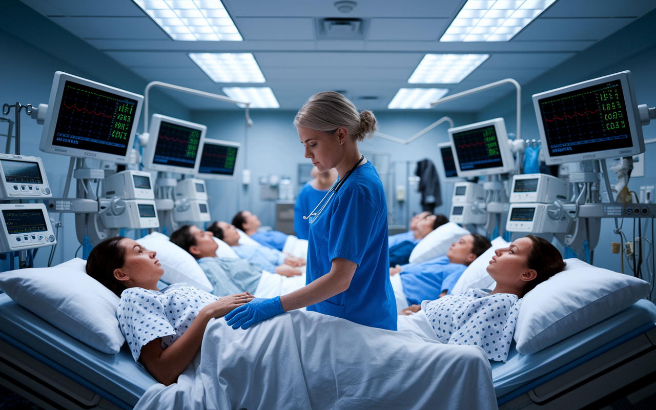 A nurse in a busy recovery room, checking on multiple patients with a focused expression, surrounded by medical equipment monitoring vital signs. The room is filled with the soft beeping of monitors, bright lights overhead, capturing a hospital atmosphere where every second counts. The urgency of proper patient monitoring is palpable.