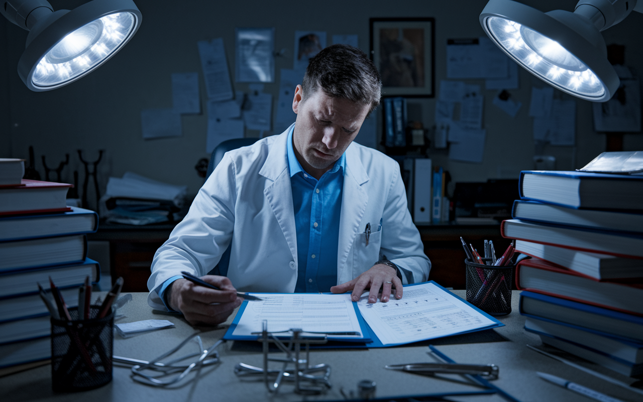 A general practitioner in a cluttered office, looking uncertain while examining a complex medical chart, surrounded by medical texts. The lighting is dim, creating a somber tone as the doctor knows he is out of his expertise. Medical tools and equipment are scattered about, reflecting the chaos of an improper treatment situation.