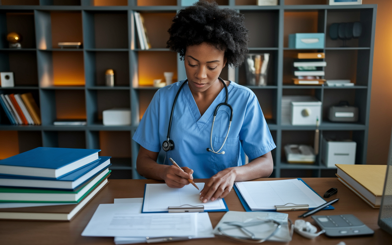 A healthcare provider at a desk, diligently sorting through medical records and notes in a well-organized office filled with medical books and tools. The warm lighting creates a focused atmosphere, emphasizing the importance of thorough and precise documentation amidst the backdrop of a busy medical environment.