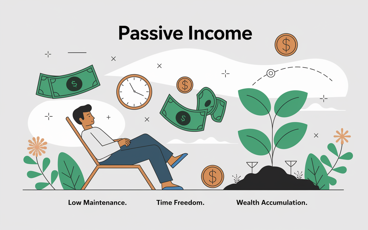 An infographic-style illustration depicting the concept of passive income. The image highlights key characteristics: a relaxed figure representing 'Low Maintenance,' a clock symbolizing 'Time Freedom,' and a growing plant representing 'Wealth Accumulation.' The background features abstract illustrations of money, investment symbols, and a peaceful atmosphere, using calming colors like green and blue for a sense of serenity and financial growth.