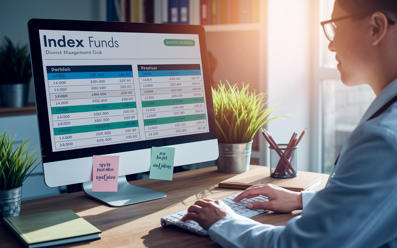 A serene scene of a doctor peacefully reviewing investment options for index funds on a computer screen at a stylish desk. The screen displays a diverse portfolio breakdown, emphasizing risk management and growth. The sunlight casts a warm glow, evoking a sense of calm and clarity in financial decision-making. Decorative elements such as plants and books add a professional touch.