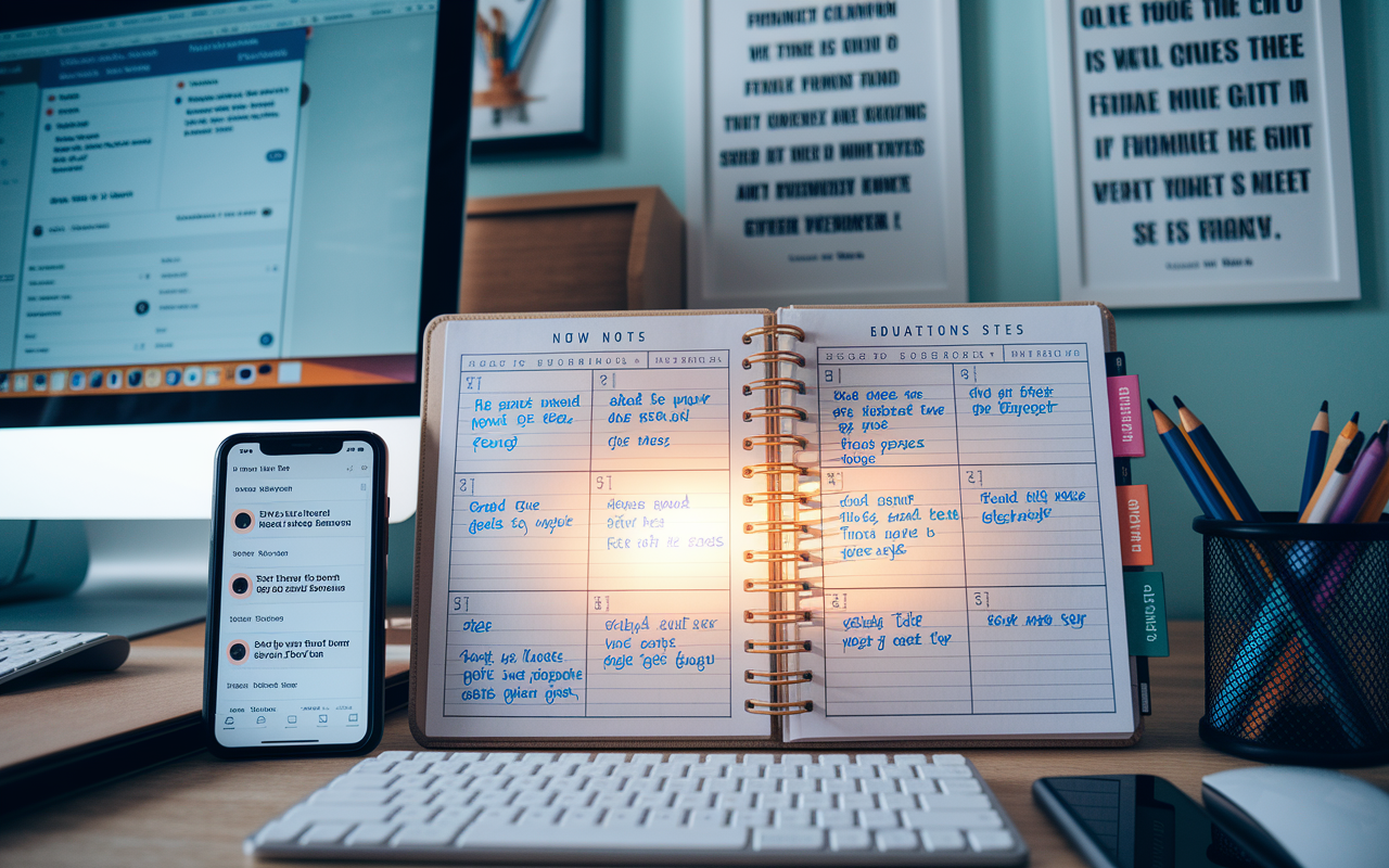 An organized workspace displaying a planner filled with notes and goals related to passive income generation. Beside it, a smartphone shows reminders and educational content, while a computer screen reveals investment sites. The gentle light illuminates the planner, suggesting clarity and actionable steps. Inspirational quotes about financial growth and entrepreneurship adorn the wall in the background.