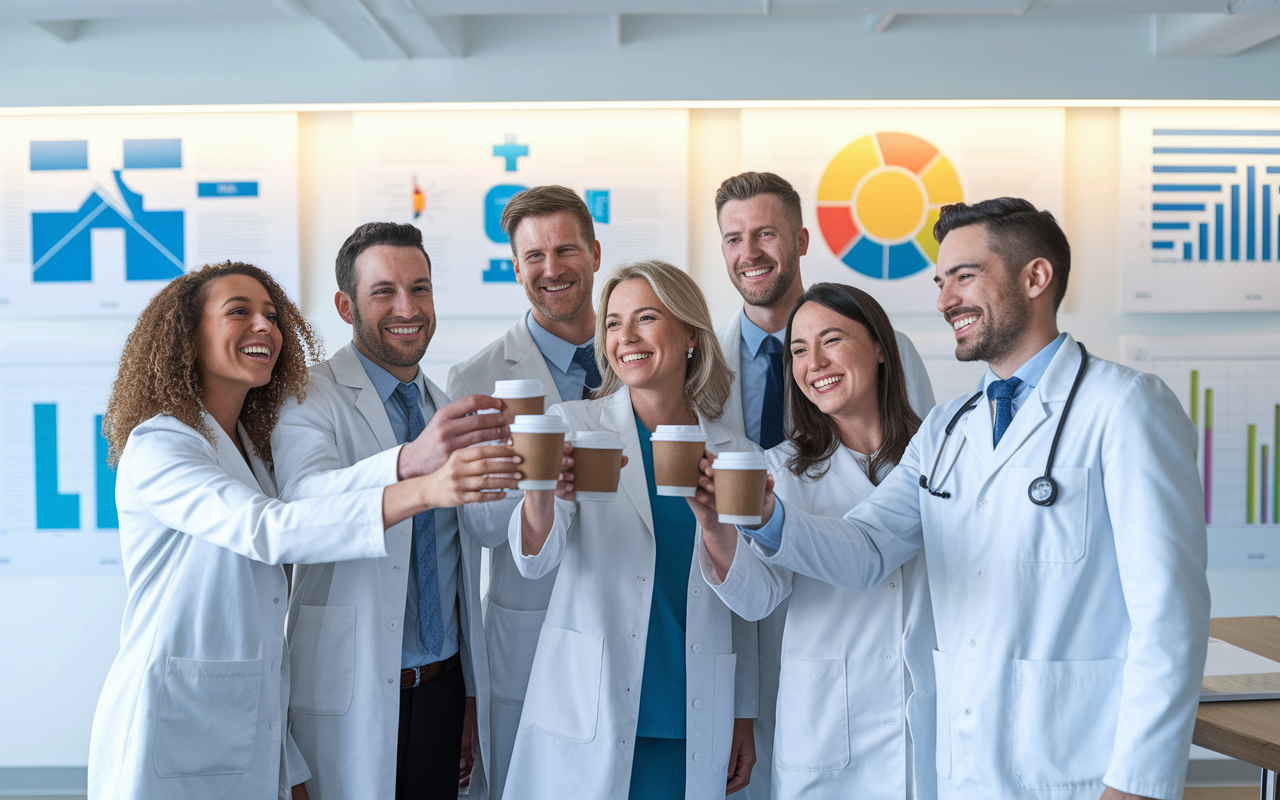 A triumphant group of doctors celebrating their success in achieving passive income, standing together in a bright and modern office space. They are smiling, raising coffee cups in a toast to financial independence. The background features inspiring charts and vision boards on the walls, showcasing their achievements and future goals. The light conveys a sense of hope and accomplishment.