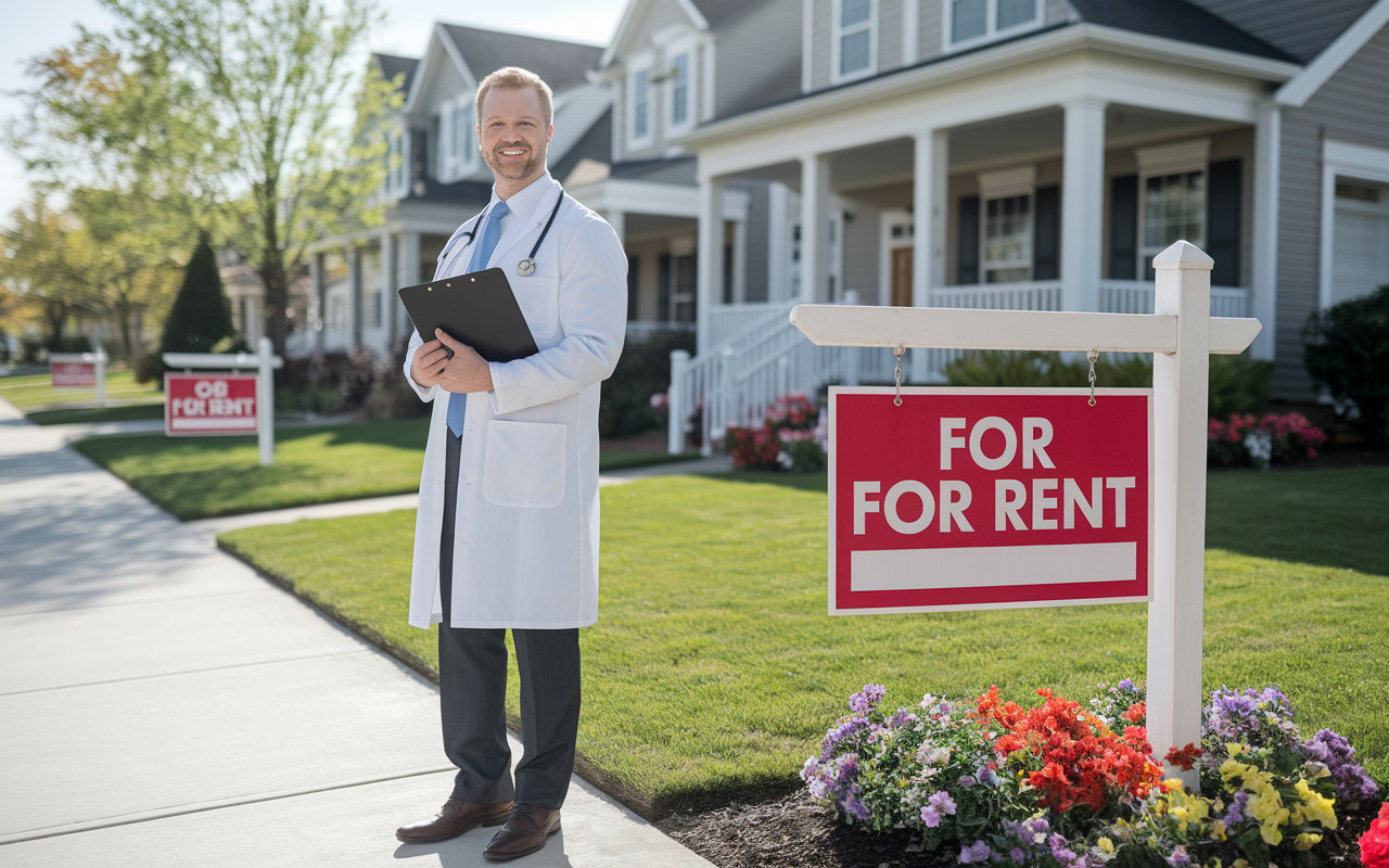 An inspiring scene featuring a doctor standing proudly in front of a well-maintained residential property for rent. The doctor, in business casual attire, holds a clipboard and looks at the camera with a confident smile. The sunny day enhances the attractiveness of the property, surrounded by a green lawn and bright flowers. The background displays a neighborhood with 'For Rent' signs, emphasizing opportunity and investment potential.