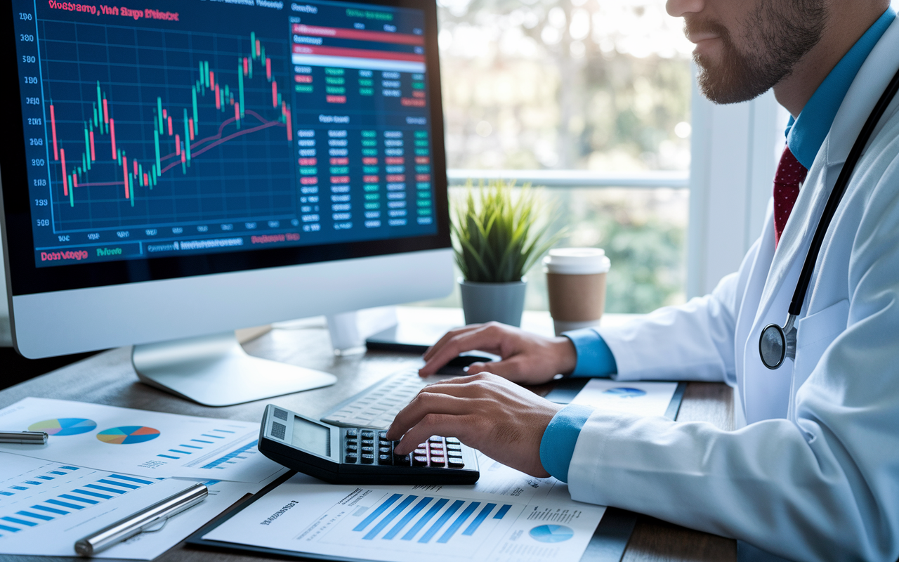 A close-up scene of a doctor at a desk, analyzing stock market performance on a computer. The screen displays vibrant graphs and dividend yields, while papers and investment reports are spread out. The doctor, looking focused and contemplative, has a financial calculator nearby, and a coffee cup is placed next to a plant for a touch of calm. Natural light streams in, highlighting the importance of wise investing.