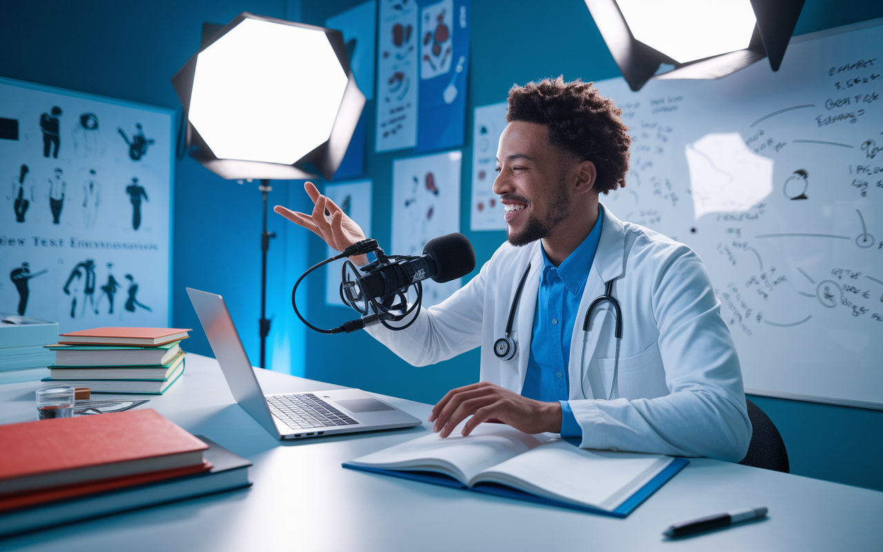 A creative workspace where a doctor is passionately recording an online course video. The doctor is seated with a laptop, surrounded by medical books and equipment, engaged in explaining complex medical concepts. The backdrop features a well-lit studio with educational posters and a whiteboard filled with illustrations. Bright, inviting lighting creates an engaging and dynamic atmosphere for learning.