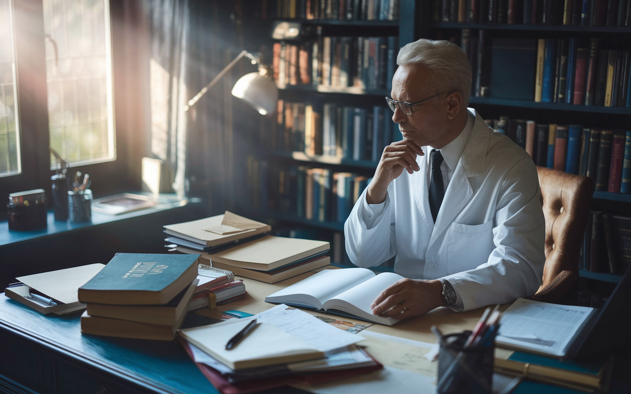 An inspiring scene of a physician sitting at a cozy desk, deeply engrossed in writing a non-fiction medical book. The desk is cluttered with notes, books, and a laptop. Sunlight streams through a window, reflecting a vintage feel in the room filled with bookshelves. The physician shows a thoughtful expression, showcasing the dedication to sharing knowledge and expertise through writing.