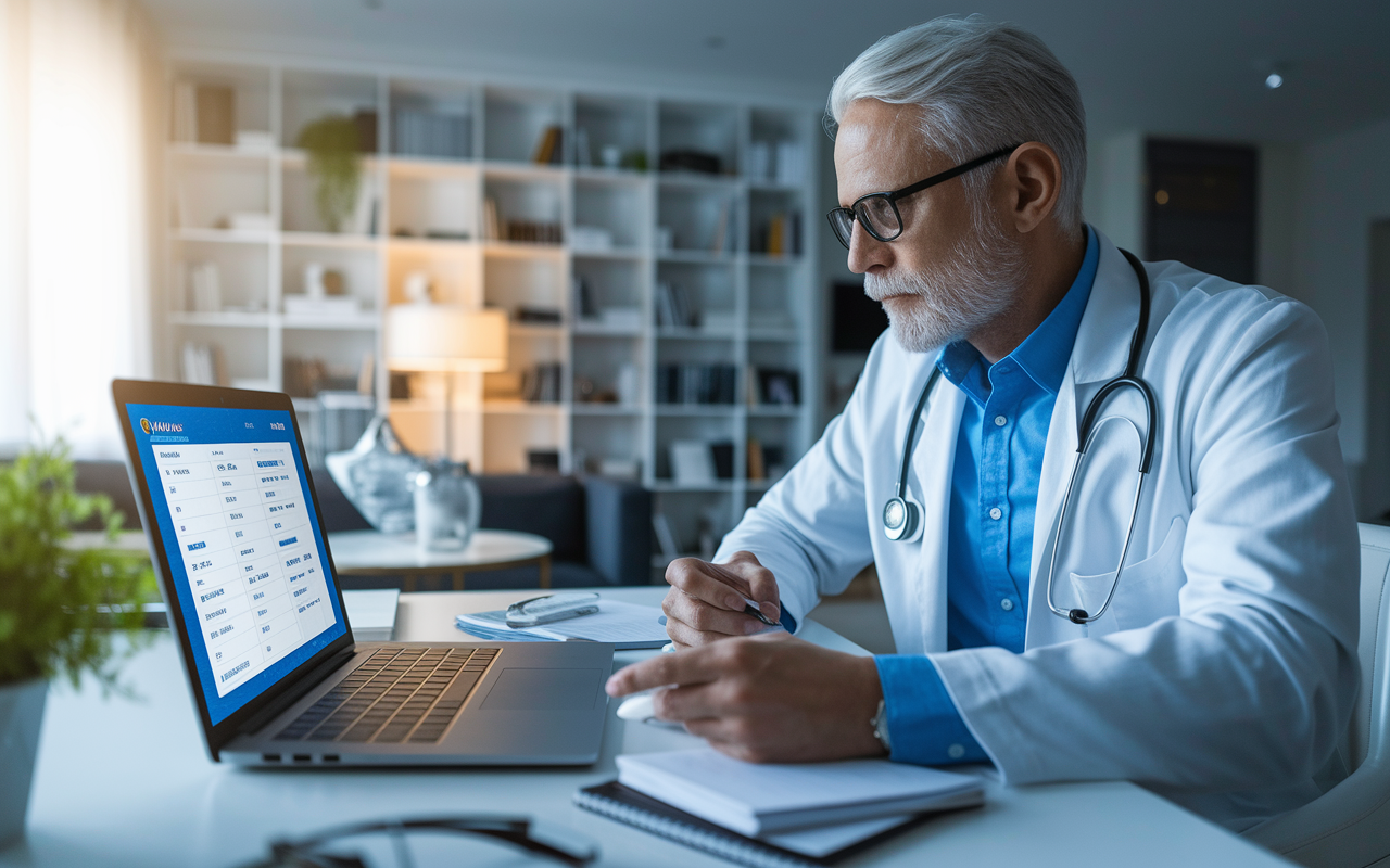 A thoughtful doctor analyzing peer-to-peer lending opportunities on a laptop in a modern home office. The screen displays a financial platform with various lending options, while the doctor takes notes. The room is stylishly decorated, conveying a sense of professionalism and focus on smart investments. A gentle light creates a calming yet critical atmosphere for decision-making.