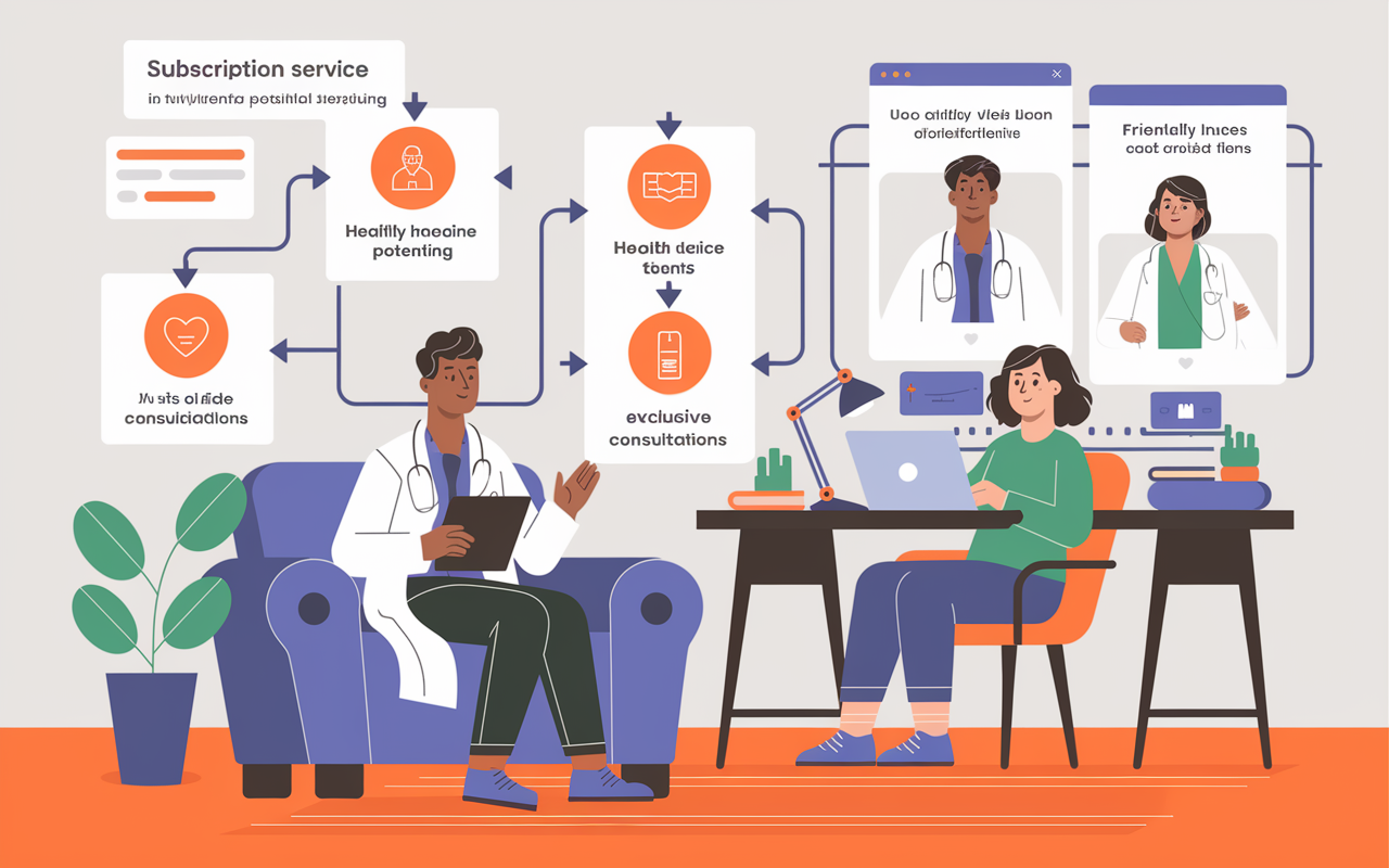 A digital illustration of a physician launching a subscription service, with a flowchart illustrating potential offerings like health advice and exclusive online consultations. The scene includes the doctor happily interacting with patients via video calls in a friendly home office. The theme suggests innovation in healthcare, supported by technology, and an environment that speaks to modern medical practices.