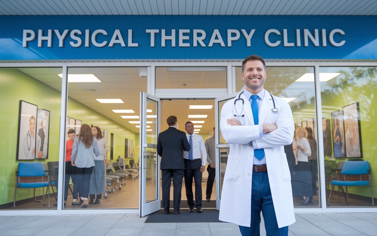 An optimistic physician in business attire standing proudly outside a healthcare-related franchise, such as a physical therapy clinic. The clinic has a welcoming atmosphere, with patients entering, showing success and community impact. The doctor converses with a manager, suggesting hands-off investment management. Bright storefront signage indicates growth and potential.