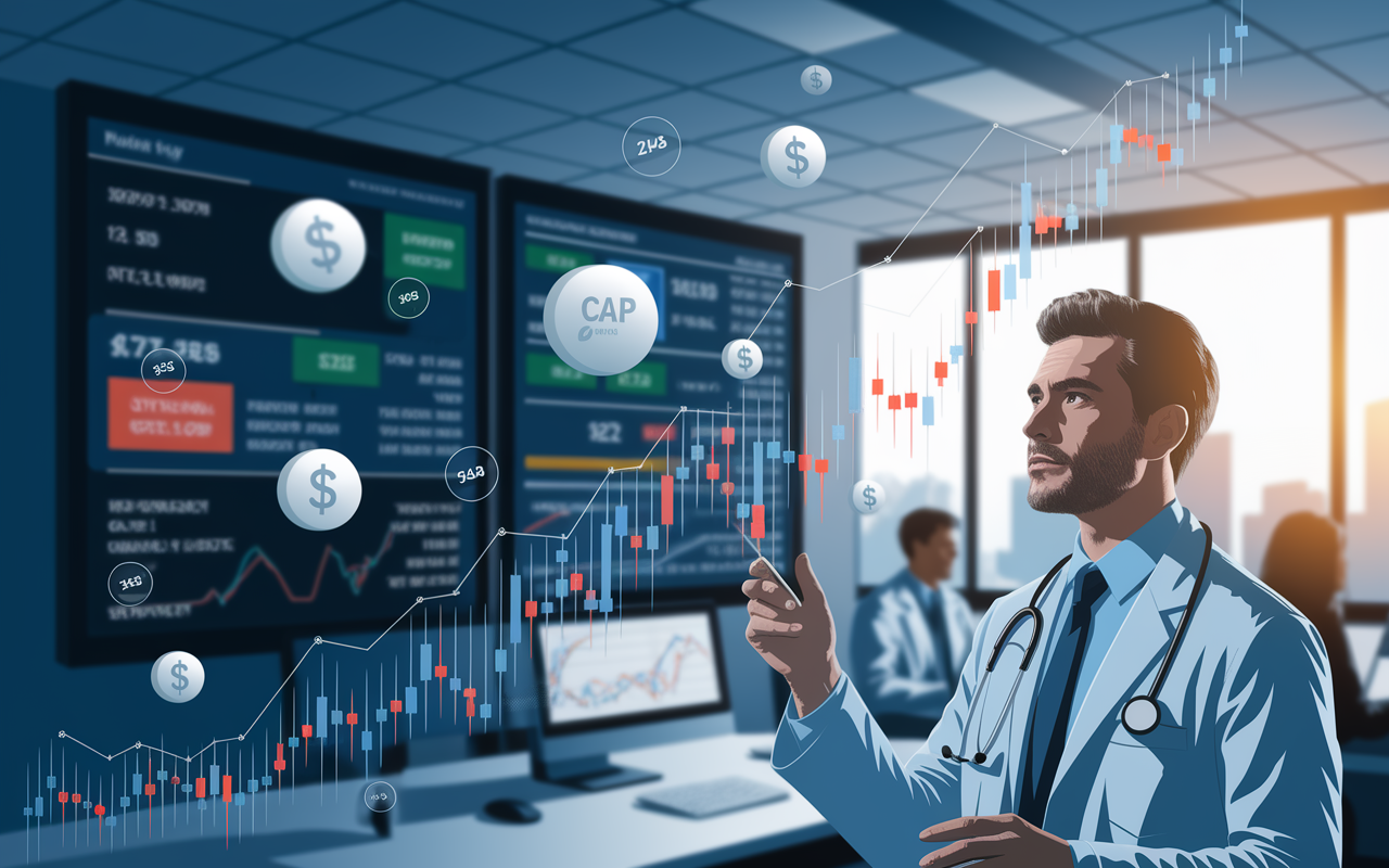 A dynamic scene showcasing an upward-trending stock market graph with diverse stock symbols and line charts floating in the air, representing large-cap and small-cap stocks. A thoughtful physician wearing a lab coat can be seen analyzing the charts, capturing a moment of focused investment decision-making. The background features a bright office setting with screens displaying stock prices and financial news, illuminated with bright, optimistic lighting.