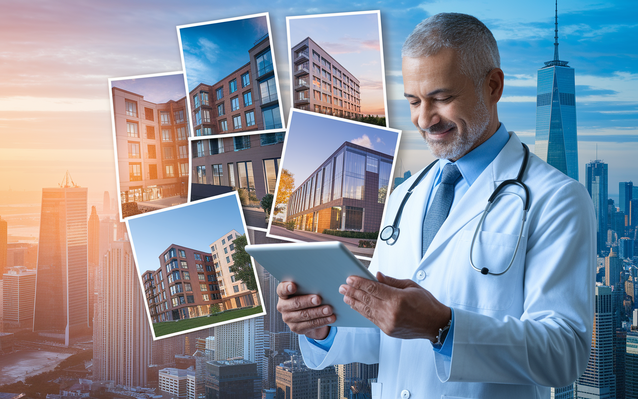 A visually appealing collage of real estate investment options, featuring images of diverse properties such as apartments and commercial buildings, with a backdrop of a skyline. A confident physician is depicted reviewing plans and property images on a tablet, representing the active involvement in real estate investment. Warm, inviting lighting creates a sense of opportunity in the scene.