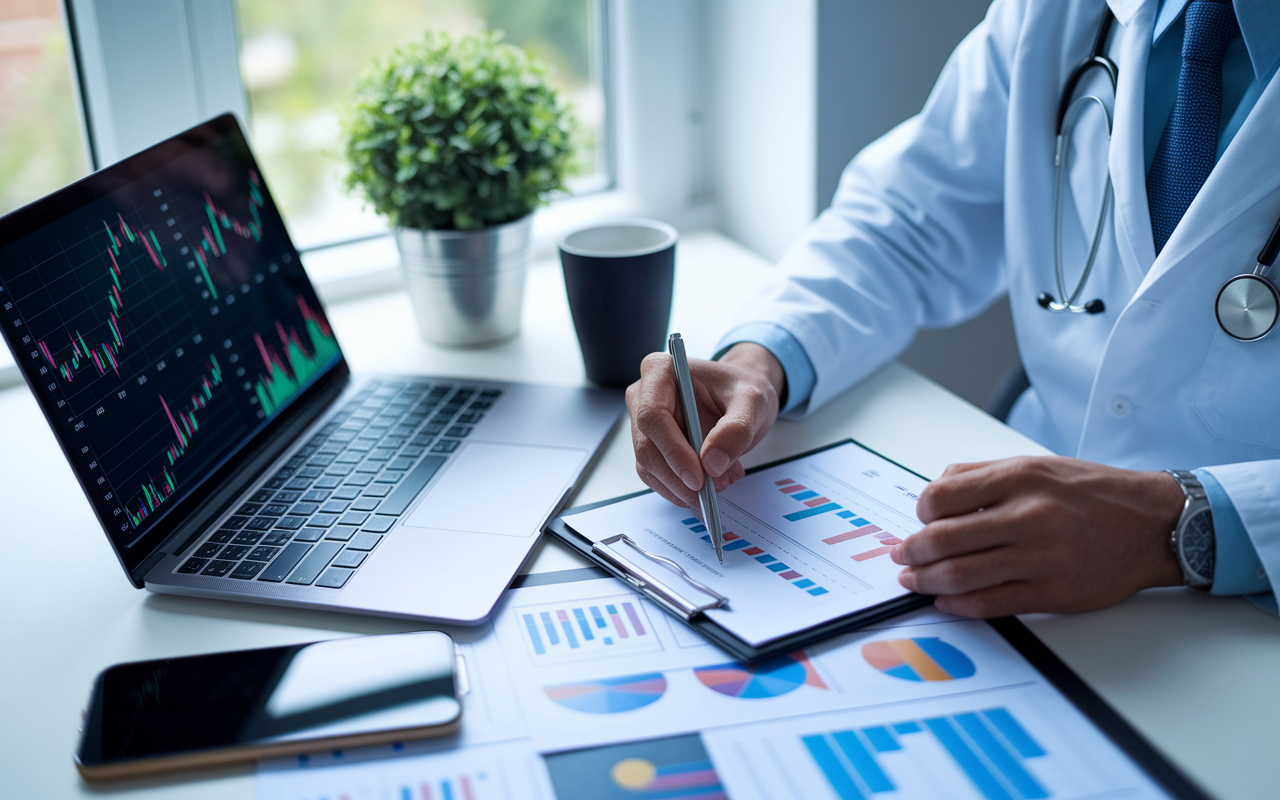 A high-quality scene of a physician sitting at a desk, deeply engaged in portfolio planning, with a laptop displaying colorful graphs and financial charts. Spreading out documents that contain different investment strategies, alongside a coffee mug, and a potted plant adding a touch of warmth and focus to the workspace. Bright, natural light pours through a window, symbolizing clarity in financial planning.