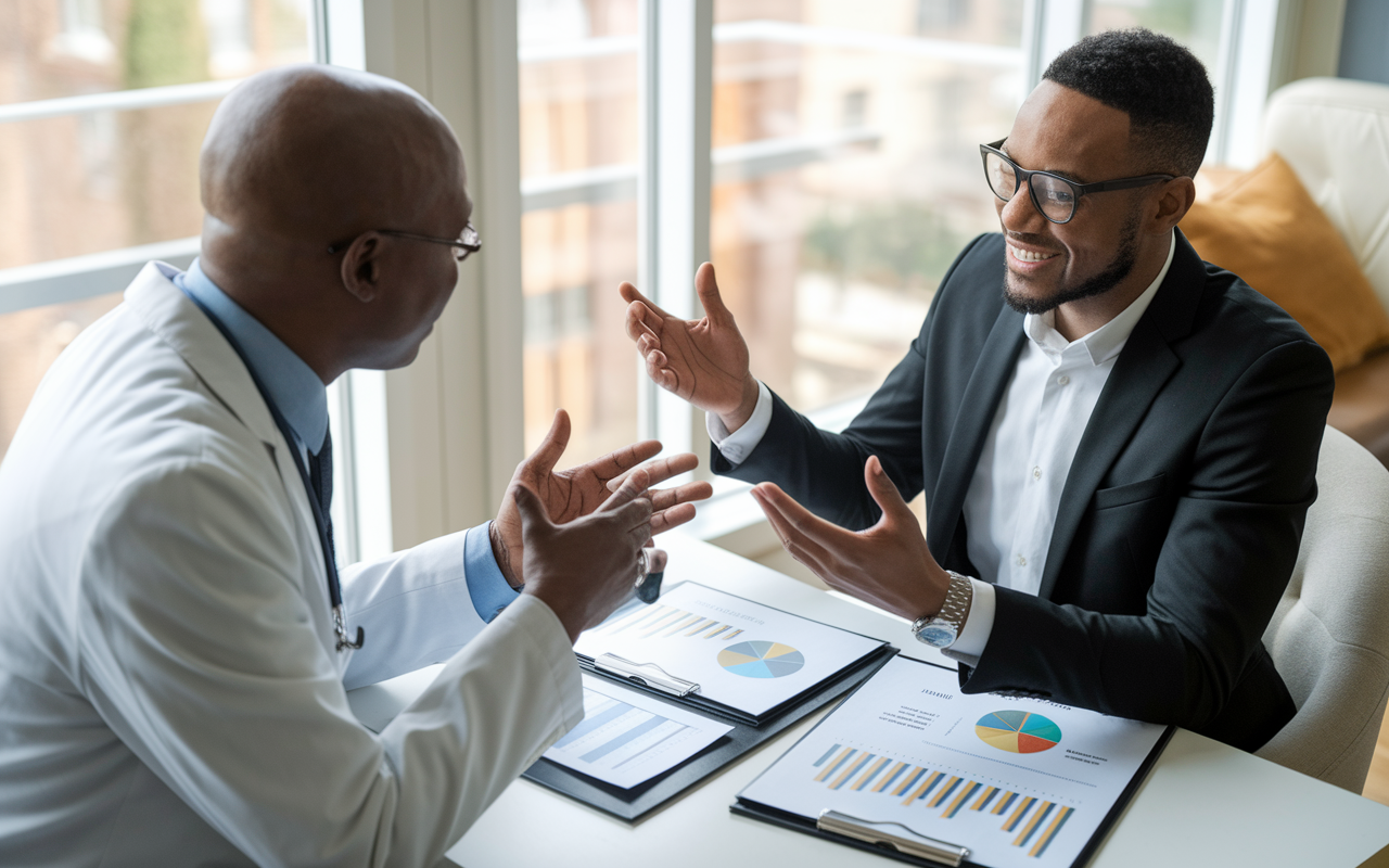 A professional setting depicting a physician seated across from a financial advisor, engaged in a discussion over investment strategies. Clear documents and graphs on a table between them showcase growth projections and risk assessments. The advisor is explaining details with enthusiasm, while a bright, warm ambiance fosters an environment of trust and collaboration.