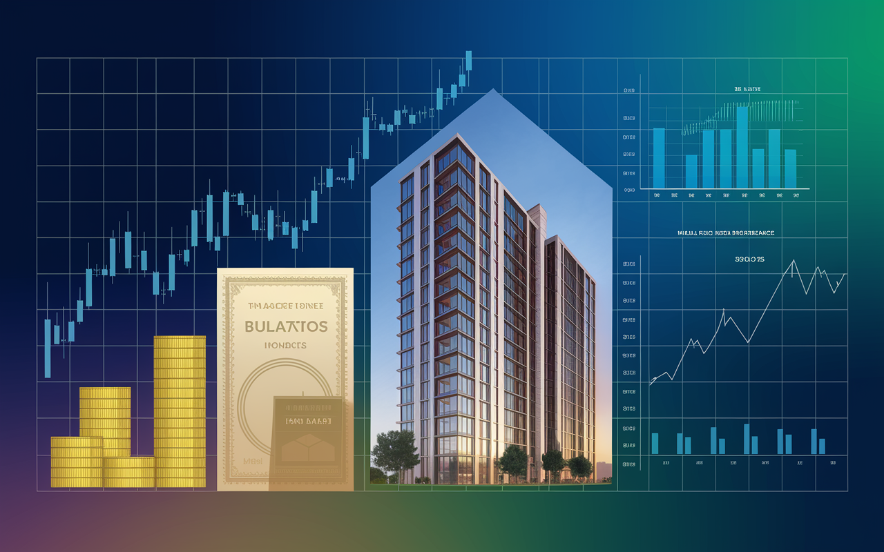 A collage of images representing various investment vehicles including stocks, bonds, real estate, and mutual funds. Each image is blended into a cohesive layout: a stock market chart with upward trends, bonds represented as golden certificates, a modern apartment building symbolizing real estate, and graphs indicating mutual fund performance. The background is a gradient from deep blue to green, symbolizing financial growth and stability.