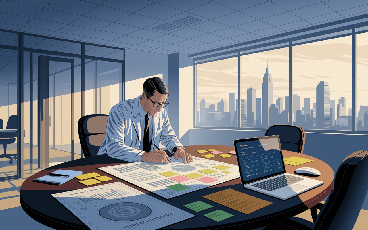 A detailed illustration of a doctor diligently planning an investment strategy at a rounded conference table in a well-lit, modern office. The table is covered with blueprints of mixed investment portfolios, sticky notes, and a laptop displaying various investment platforms. In the background, a large window shows a skyline view, symbolizing ambition. Soft afternoon light fills the room, giving it a productive atmosphere.