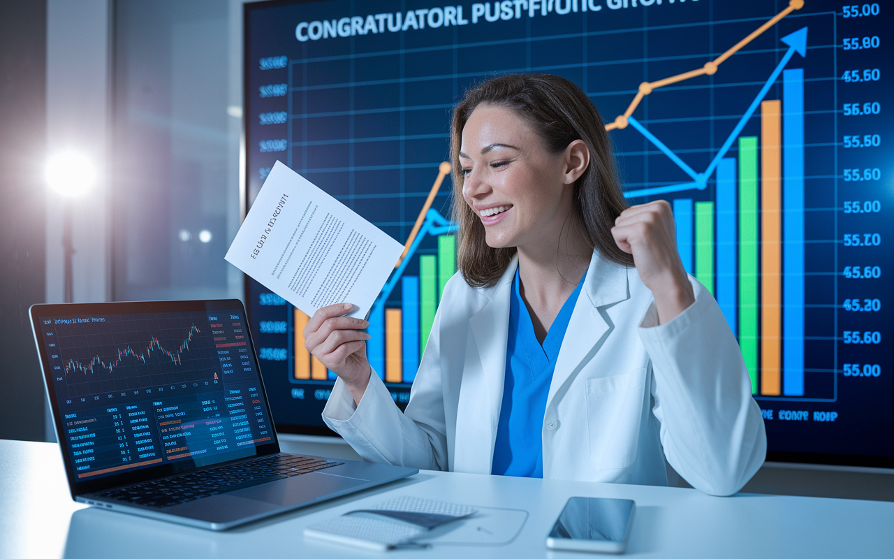 A vibrant scene of Dr. Elizabeth, a 35-year-old orthopedic surgeon, celebrating her success in front of a financial graph showing significant portfolio growth. She holds a congratulatory letter in one hand while looking at her laptop displaying her diversified investment portfolio. The atmosphere conveys triumph and optimism, with bright lighting highlighting her achievements against a backdrop of a modern office.