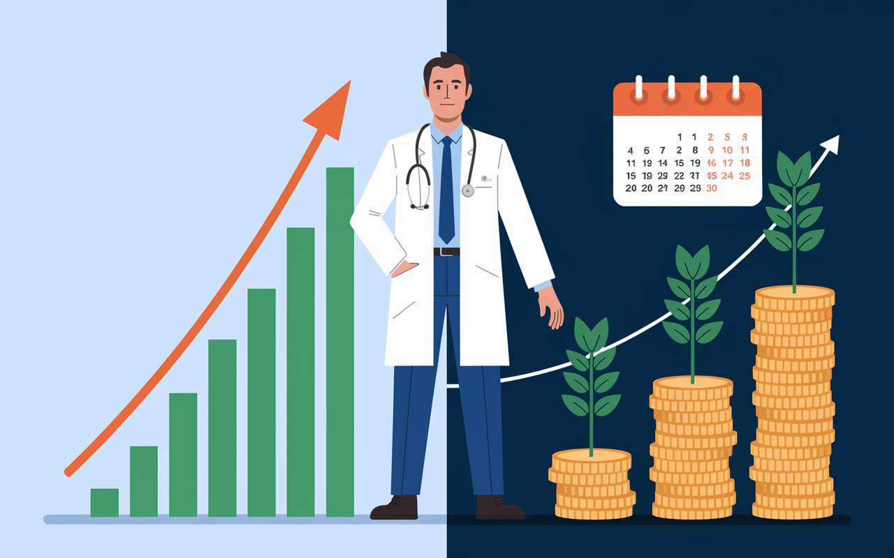 A split-screen representation showing two scenarios of investments over time. On one side, a young physician begins investing at age 30 with a bright future, represented by a vibrant upward graph indicating growth. On the other side, an older physician who started investing later, showing a flatter growth curve. Rich details depicting potential wealth accumulation through visual metaphors such as growing trees or stacks of coins alongside a calendar progressing through years.