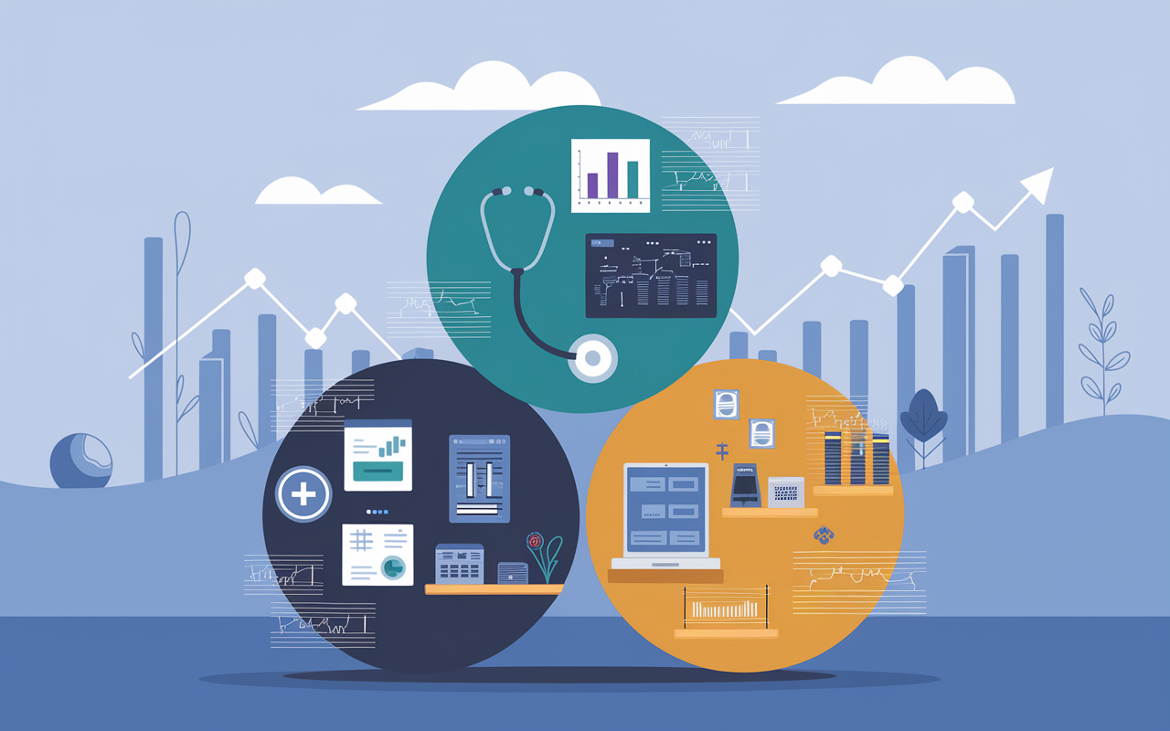 An artistic representation of a portfolio with various elements symbolizing diversification. Each segment shows different investment types: healthcare industry with a stethoscope and medical charts, technology sector with circuit boards and digital interfaces, and consumer goods represented by popular products. The background should be a serene financial landscape with abstract growth arrows and graphs subtly illustrating market stability.