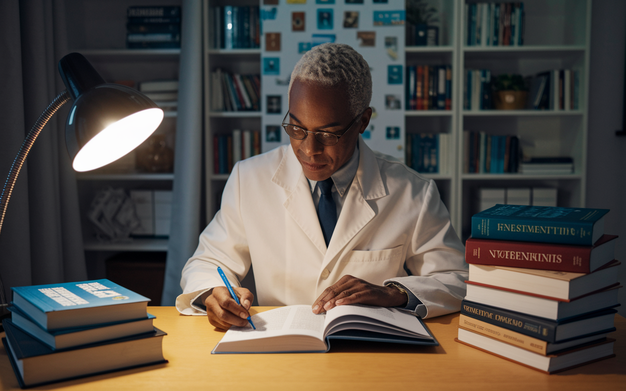 A dedicated physician in their home office, surrounded by books on finance and investing, intently reading an investment guide while taking notes. The room is warmly lit with a desk lamp, creating an aura of focus and determination. Emphasize the contrast between medical texts and finance literature on the shelves, symbolizing the blend of professions and knowledge acquisition. A vision board with investment goals is pinned on the wall in the background.