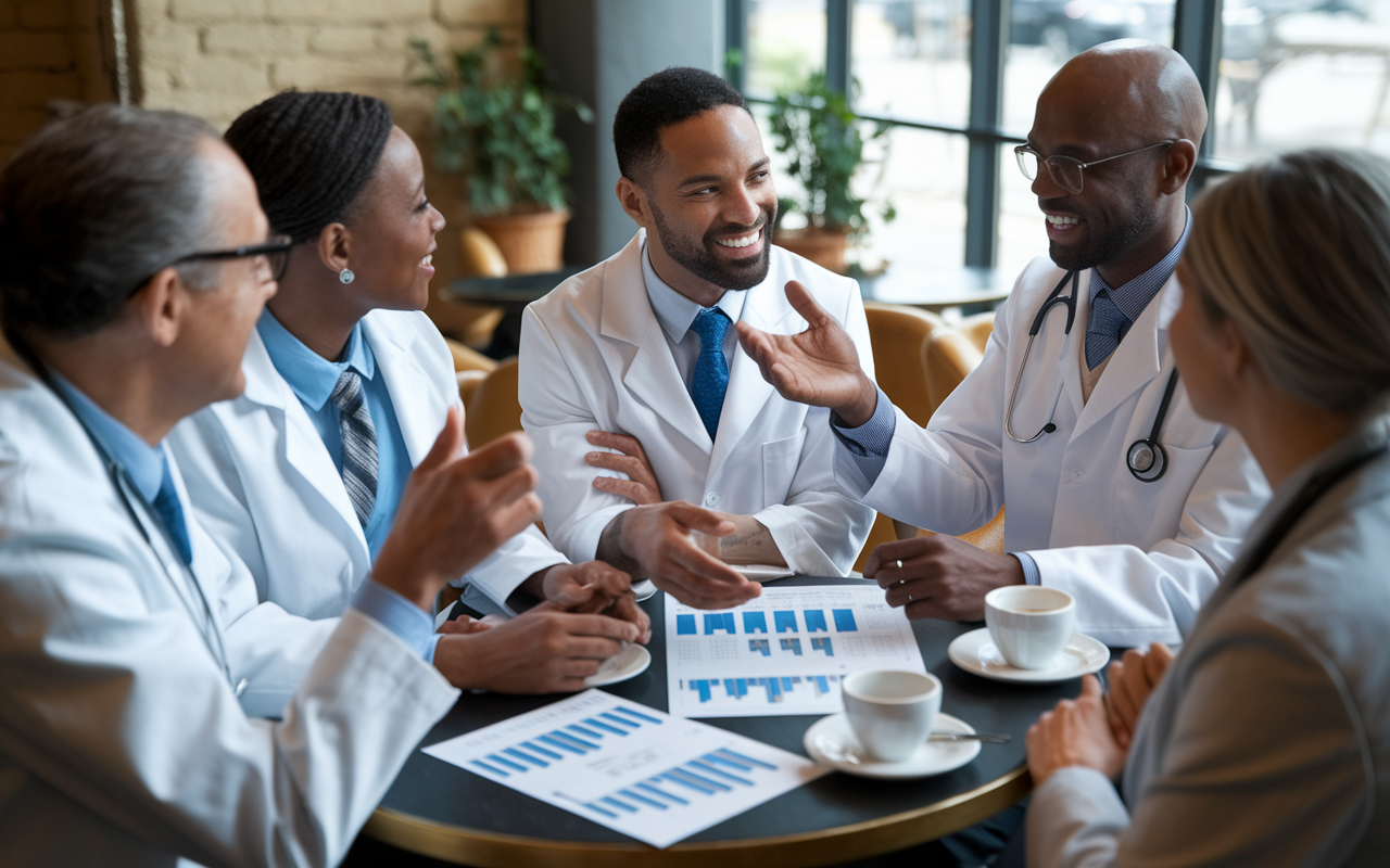 A group of diverse physicians engaged in a discussion, sharing investment experiences and strategies over coffee in a cozy café. The mood is encouraging and collaborative, with charts and investment materials spread out on the table. Bright, natural lighting creates an inviting atmosphere, emphasizing camaraderie and shared knowledge in navigating investment challenges together.