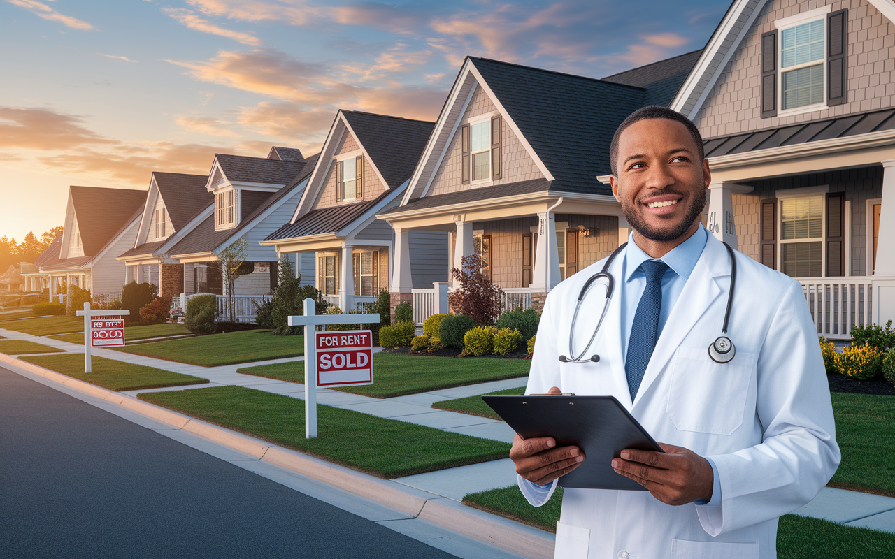 A picturesque suburban neighborhood with various styles of residential homes, showcasing 'For Rent' and 'Sold' signs. A sunrise casts a warm golden light on the scene, highlighting the homes' architecture and manicured gardens. In the foreground, a thoughtful physician stands with a clipboard, evaluating a property, exuding confidence and ambition. The background is tranquil and inviting, embodying the security and stability of real estate investment.