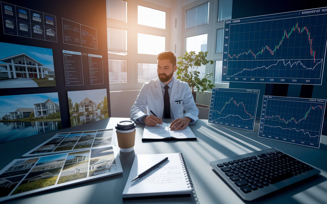 A serene office setting with a physician sitting at a desk surrounded by frameworks for both real estate and stock investments. On one side, glossy brochures of properties, and on the other, digital screens displaying stock graphs and financial reports. The atmosphere is filled with strategic contemplation, with soft natural light filtering through a window, enhancing the focus on analyzing opportunities and risks. A notepad with handwritten notes and a coffee cup emphasizes the thoughtful planning process.